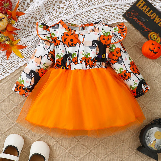 0-3 Year old Children's Girl Dress Round neck Cartoon Halloween Element  Tulle Long sleeved Dress Girl Halloween Party  Dress