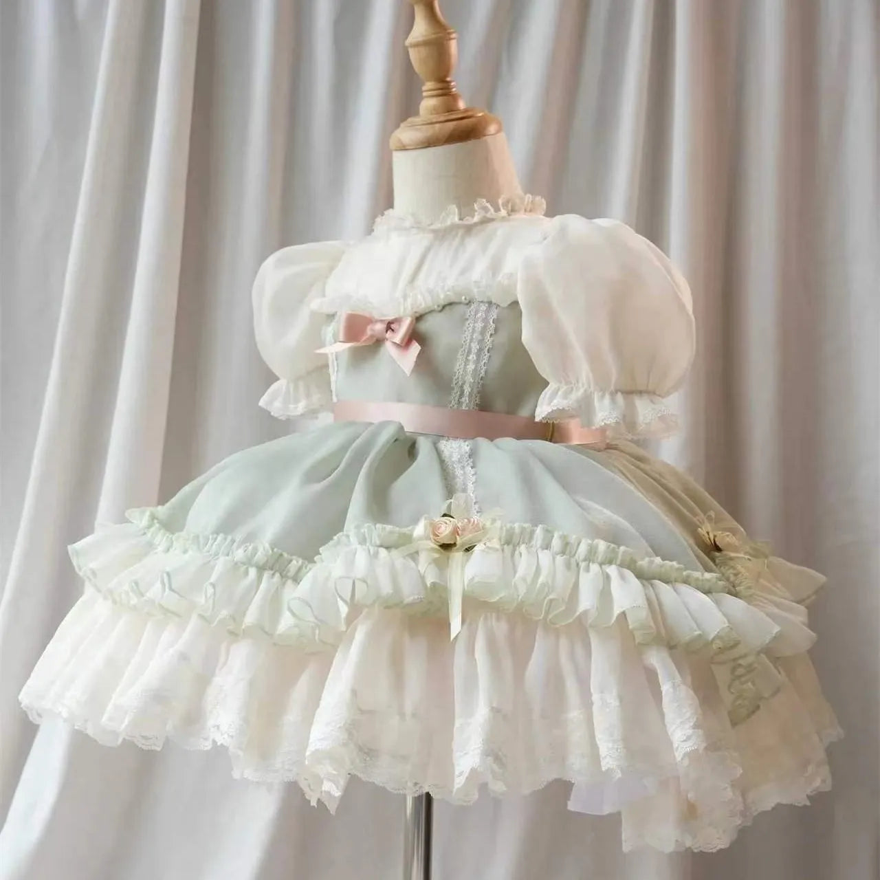 0-12Y Baby Girl Summer Light Green Pink Turkish Vintage Lolita Princess Ball Gown Dress for Birthday Holiday Casual Eid