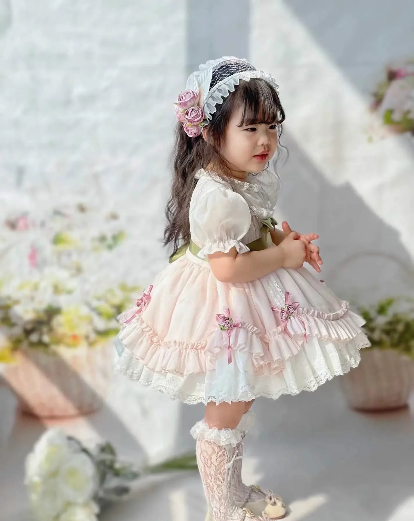 0-12Y Baby Girl Summer Light Green Pink Turkish Vintage Lolita Princess Ball Gown Dress for Birthday Holiday Casual Eid